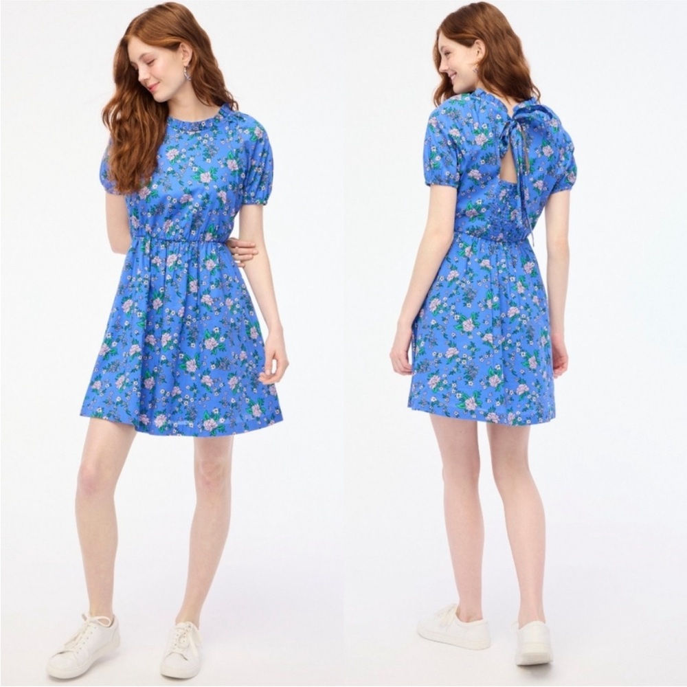 J.Crew Floral Puff Sleeve Mini Dress Blue Cotton Smocked Back Tie Neck Size‎ 12